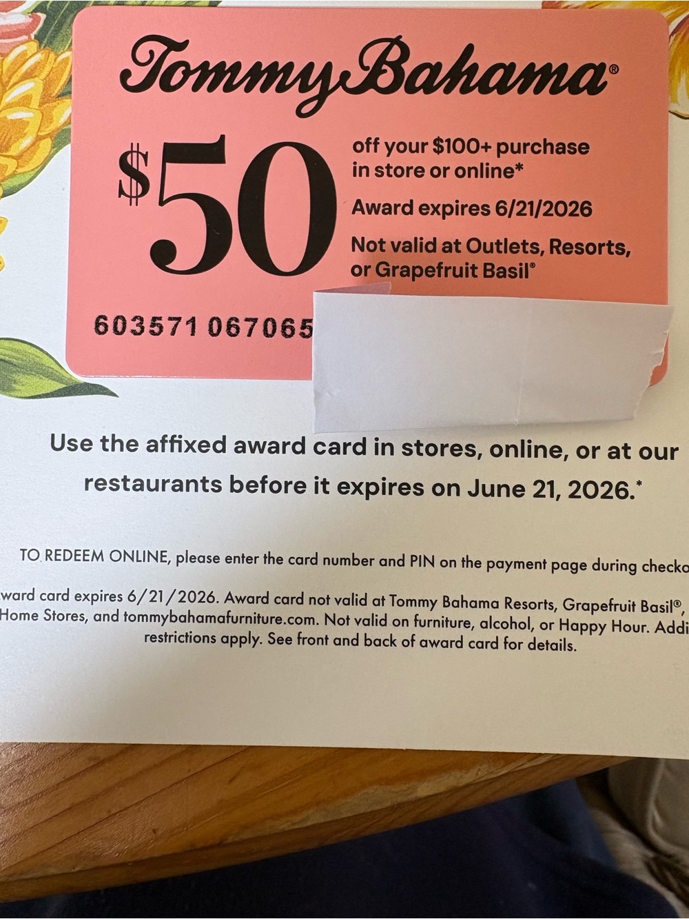 Tommy Bahama Coral Pink $50 Award Card